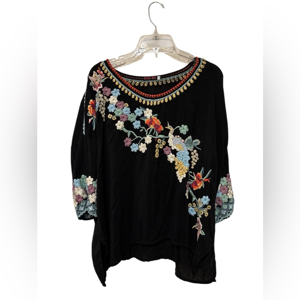 Johnny Was Black Embroidered Floral Tunic with Colorful Vine Motifs